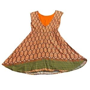 Myan Junior Fit and Flare Dress Orange and Green 100% Rayon. Size Small Vintage